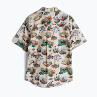 Short-sleeve button-up shirt with outdoor camping and fishing print pattern, back view