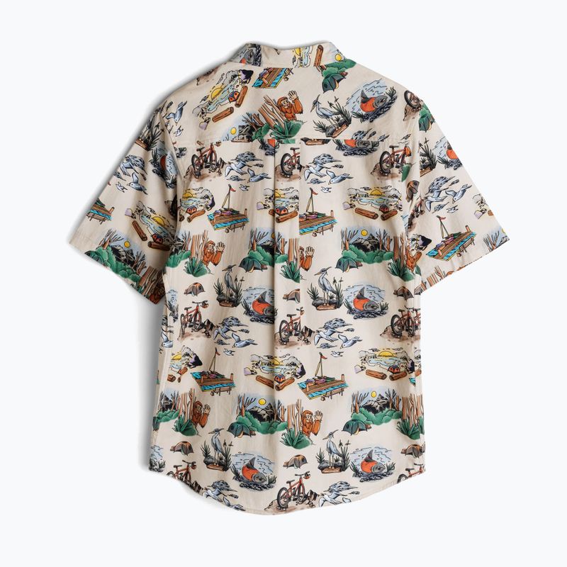 Short-sleeve button-up shirt with outdoor camping and fishing print pattern, back view