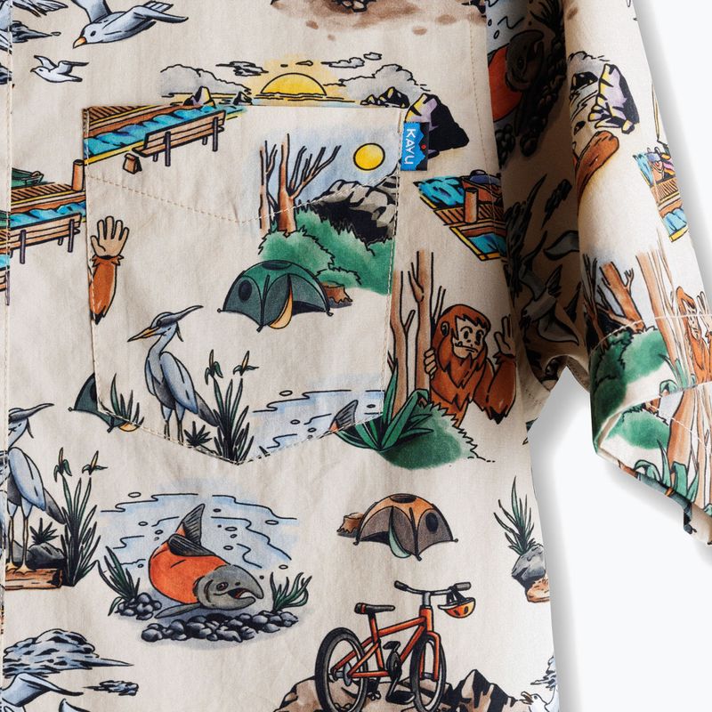 Button-up shirt with outdoor adventure print showing camping scenes, animals, and recreational activities