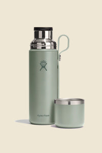 Insulated stainless steel flask with removable cup and carrying loop, sage green finish