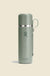 Insulated stainless steel thermos with attached cup lid and carry loop, front view