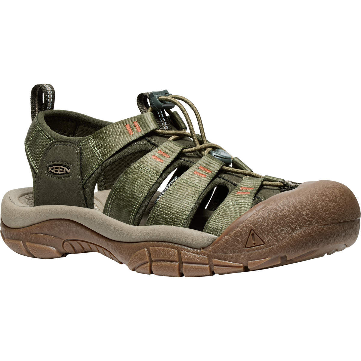 Olive green sport sandal with protective toe cap and adjustable straps, side view