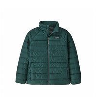 Kids' quilted down puffer jacket with stand collar, full zip, and side pockets, front view