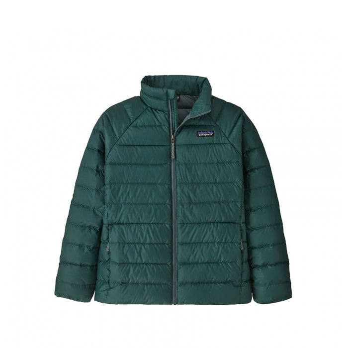 Kids' quilted down puffer jacket with stand collar, full zip, and side pockets, front view