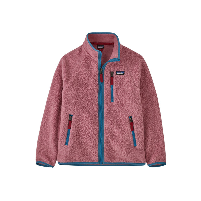 Pink sherpa fleece zip-up jacket with blue trim, chest pocket, and two hand pockets, front view