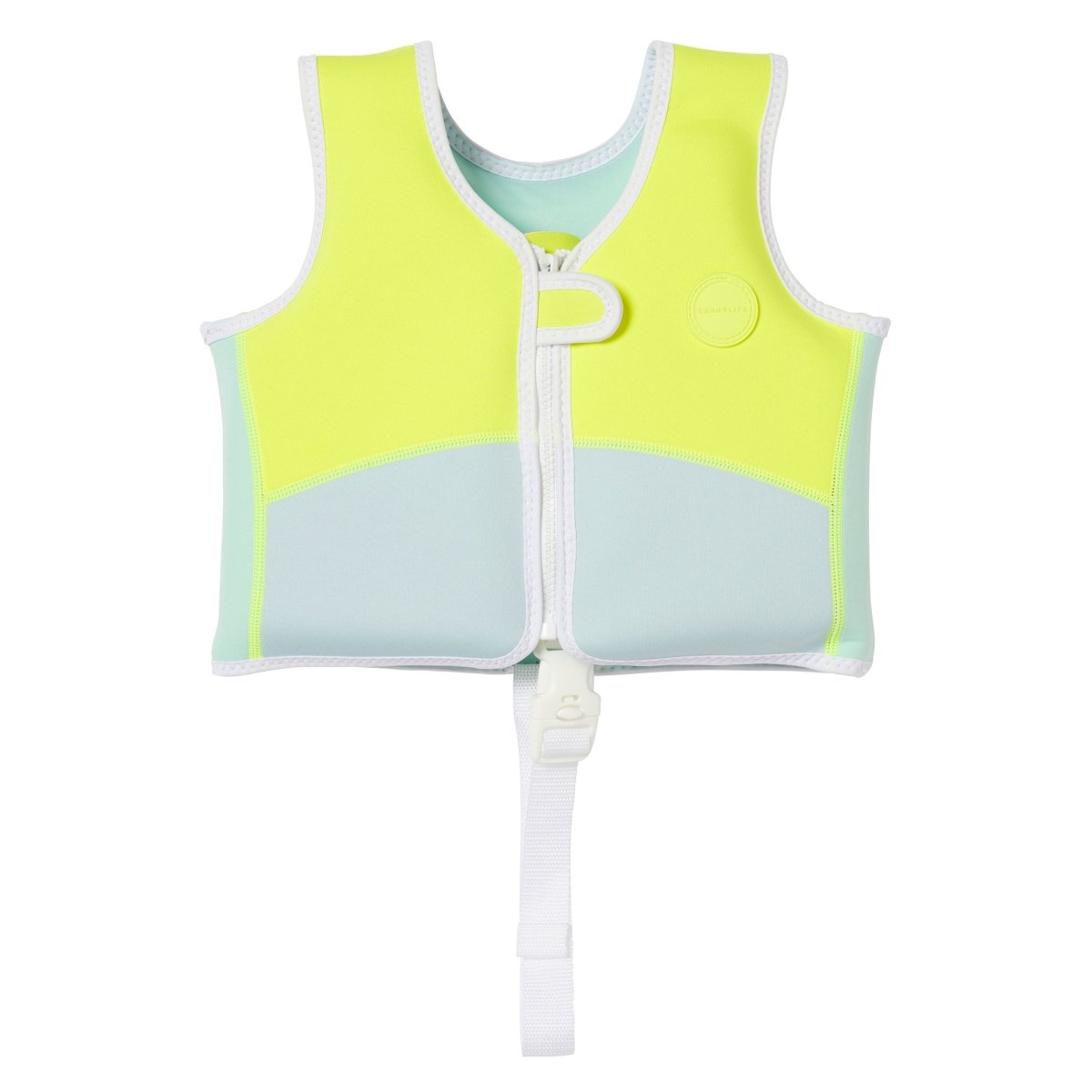 Child's swim vest with lime green upper section and light blue lower section, front zip closure