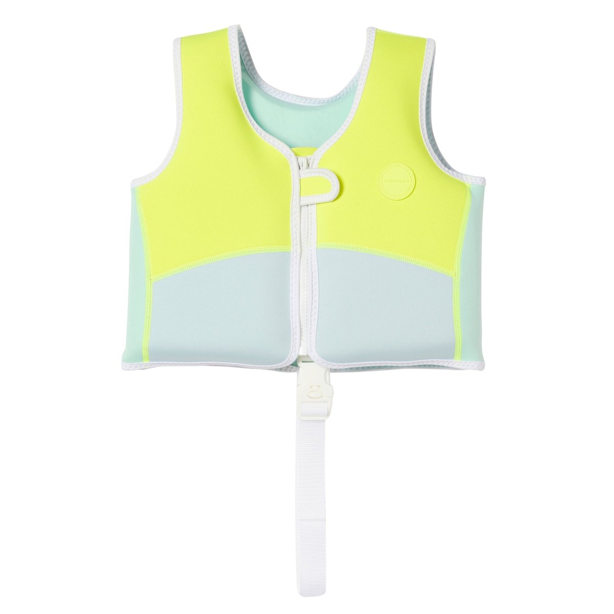 Children's swim vest with yellow and light blue color blocking, front zip closure