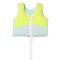 Children's swim vest with yellow and light blue color blocking, front zip closure