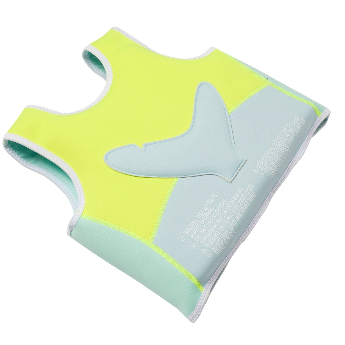 Children's swim vest in bright green with blue accents and shark fin design, angled view