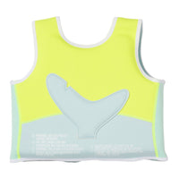 Children's swim vest in bright yellow-green with shark fin design on front