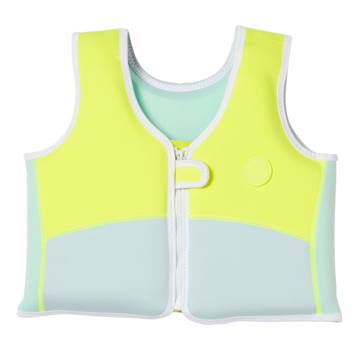 Children's swim vest with lime green and aqua colorblock design, front zip closure