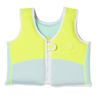 Children's swim vest with lime green and aqua colorblock design, front zip closure