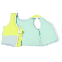 Children's swim vest in mint green with yellow accents and adjustable straps, front view