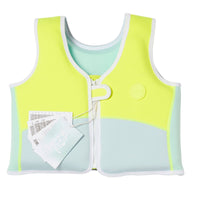 Children's swim vest with yellow and mint green colorblock design, front zip closure and tags attached