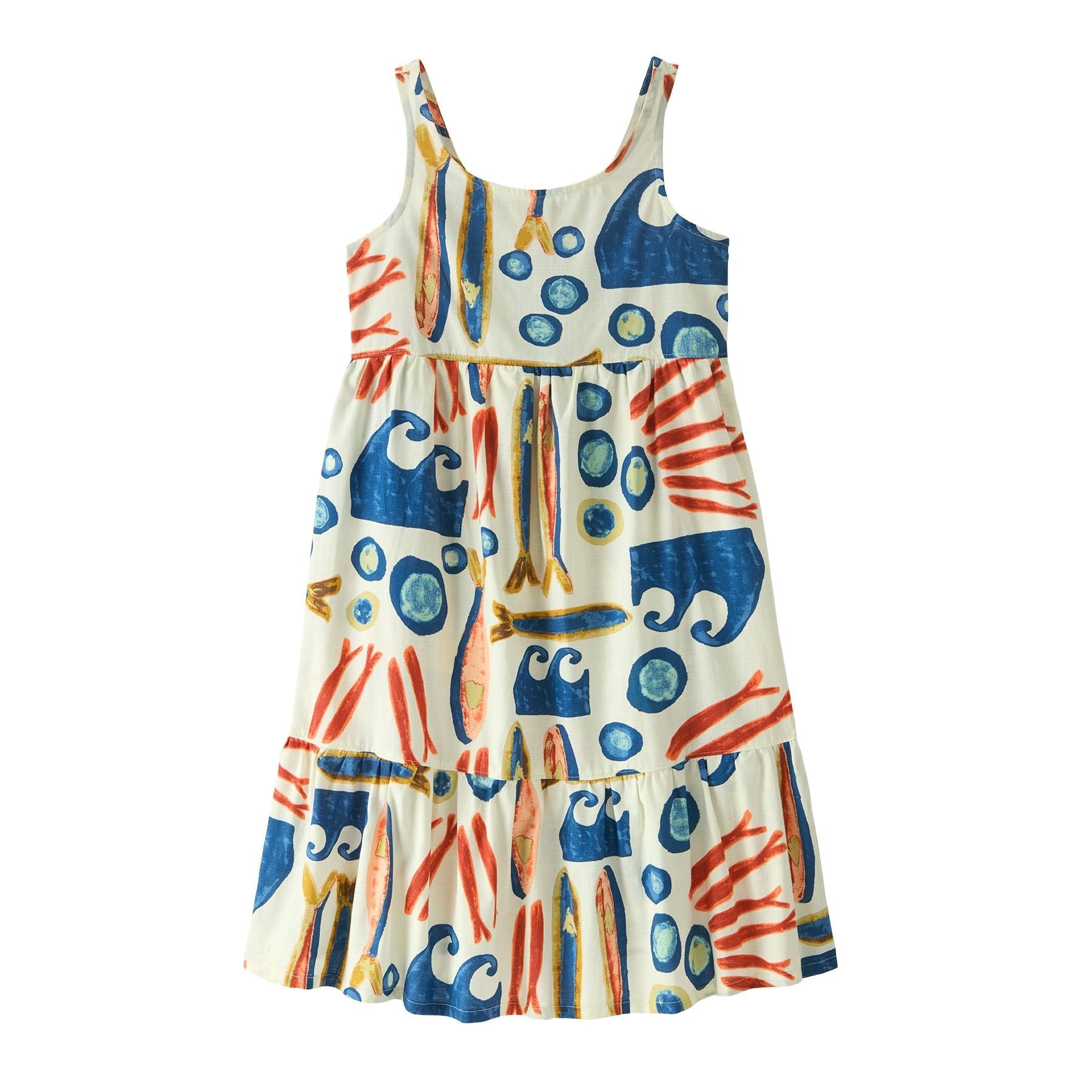 Sleeveless tiered dress with ocean-themed print featuring waves, fish, and coral on cream background