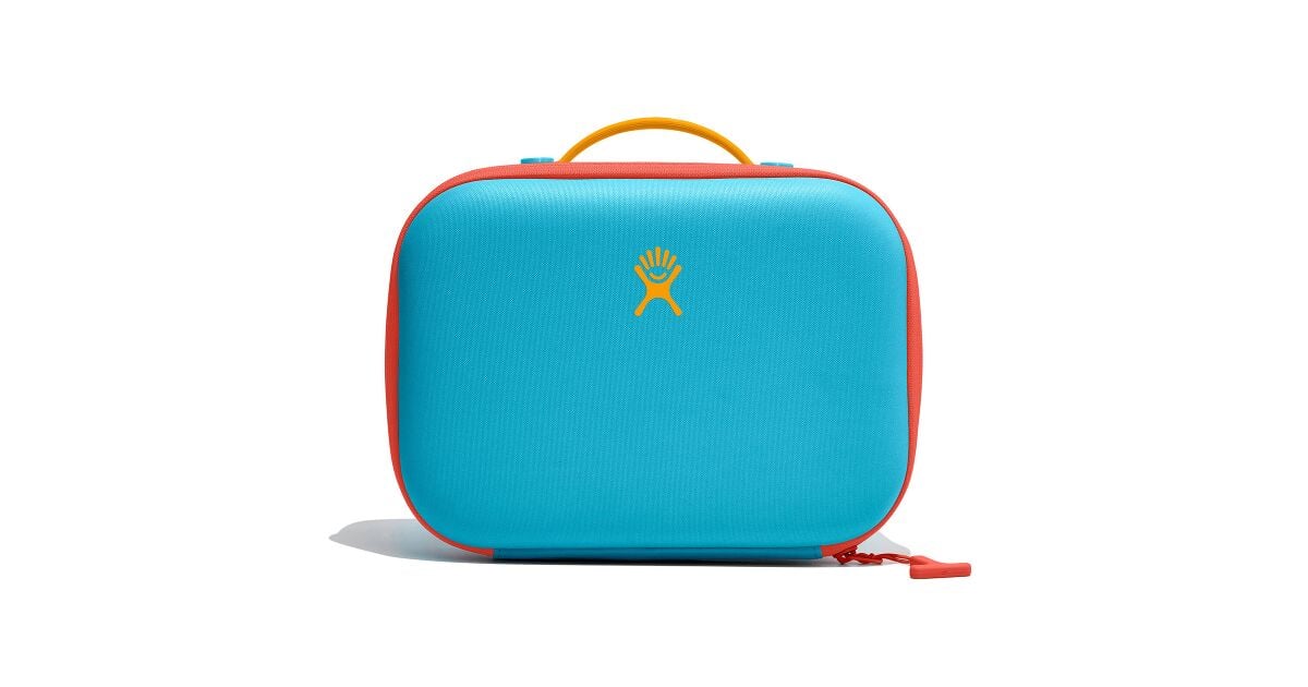 Small insulated kids lunch box in bright blue with coral trim, yellow handle, and logo, front view