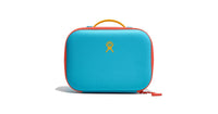 Small insulated kids lunch box in bright blue with coral trim, yellow handle, and logo, front view