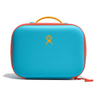 Insulated kids lunch box in bright blue with coral trim, yellow handle, and brand logo, front view