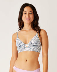 Women's triangle bikini top with blue wave texture print and front knot detail, front view