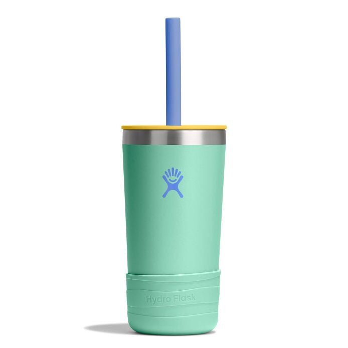12oz insulated kids tumbler with blue straw, yellow lid, and green protective silicone boot
