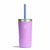 Light purple insulated kids tumbler with blue straw lid and protective silicone boot, front view