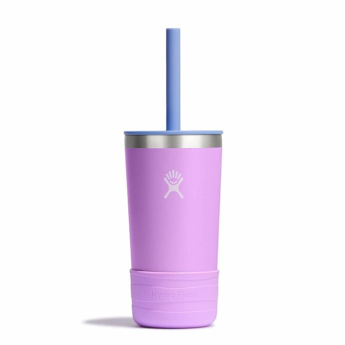 Light purple insulated kids tumbler with blue straw lid and protective silicone boot, front view