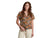 Women's short sleeve button-up top with dark floral print, worn by model with cream pants