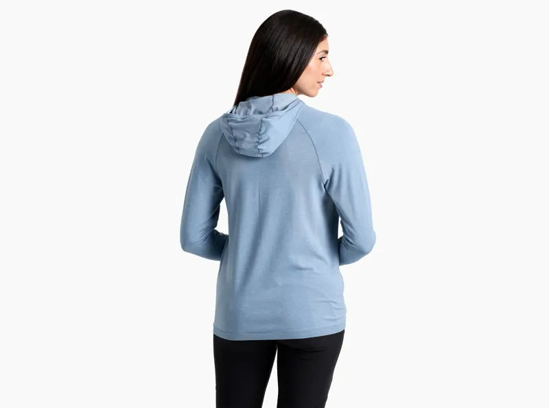 Light blue hooded pullover with thumbholes shown from back view on model