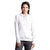 White pullover hoodie with kangaroo pocket and drawstrings, worn by woman on white background
