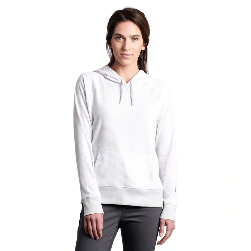 White pullover hoodie with kangaroo pocket and drawstrings, worn by woman on white background