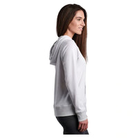 Light gray pullover hoodie with drawstring hood shown from side angle on woman