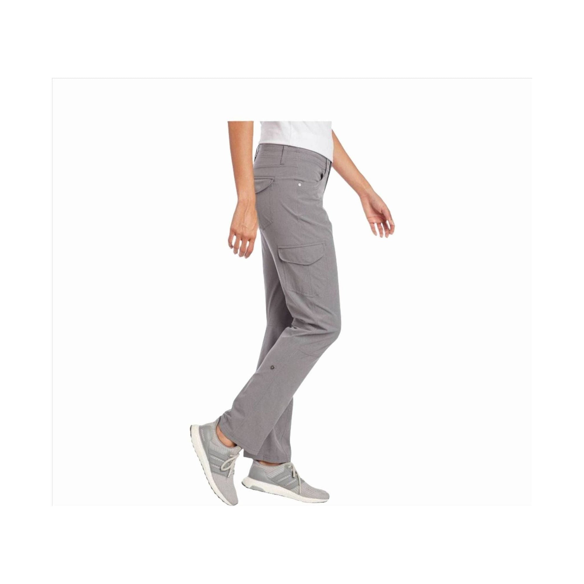 Women's gray roll-up pants with cargo pocket, side view, worn with gray sneakers