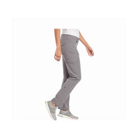 Women's gray roll-up pants with cargo pocket, side view, worn with gray sneakers