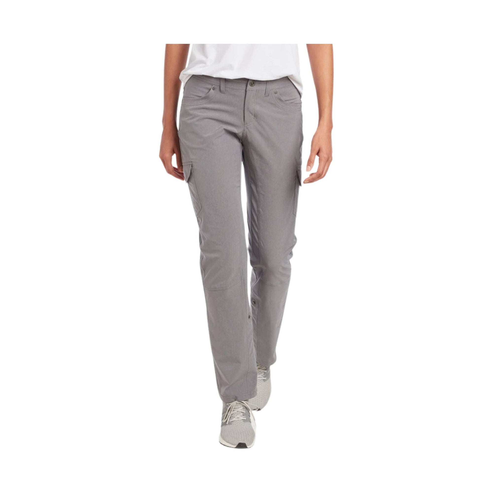 Women's gray cargo-style roll-up pants with side pockets, front on-model view