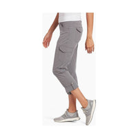 Women's gray cargo capri pants with roll-up cuffs and multiple pockets, side view