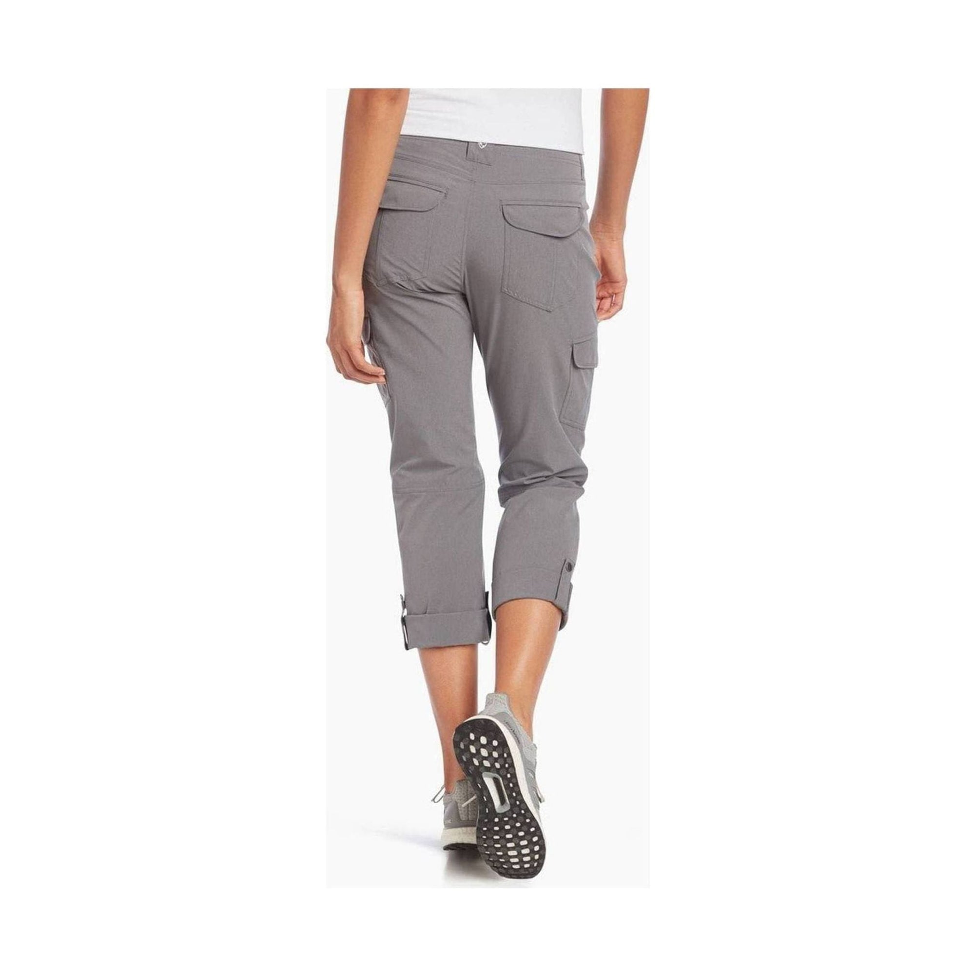 Women's roll-up cargo pants in gray, back view showing pockets and rolled cuffs with button tabs