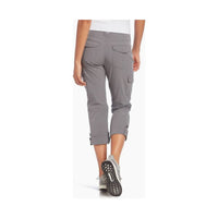 Women's roll-up cargo pants in gray, back view showing pockets and rolled cuffs with button tabs