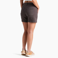 Women's dark gray casual shorts with back pockets and cuffed hem, back view
