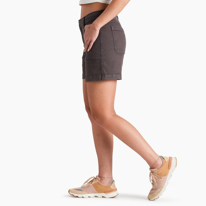 Women's dark gray casual shorts with patch pockets, side view, paired with tan sneakers
