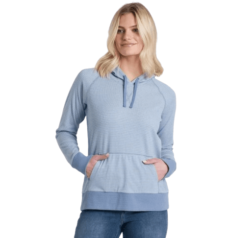 Light blue pullover hoodie with textured fabric, front kangaroo pocket, and drawstrings