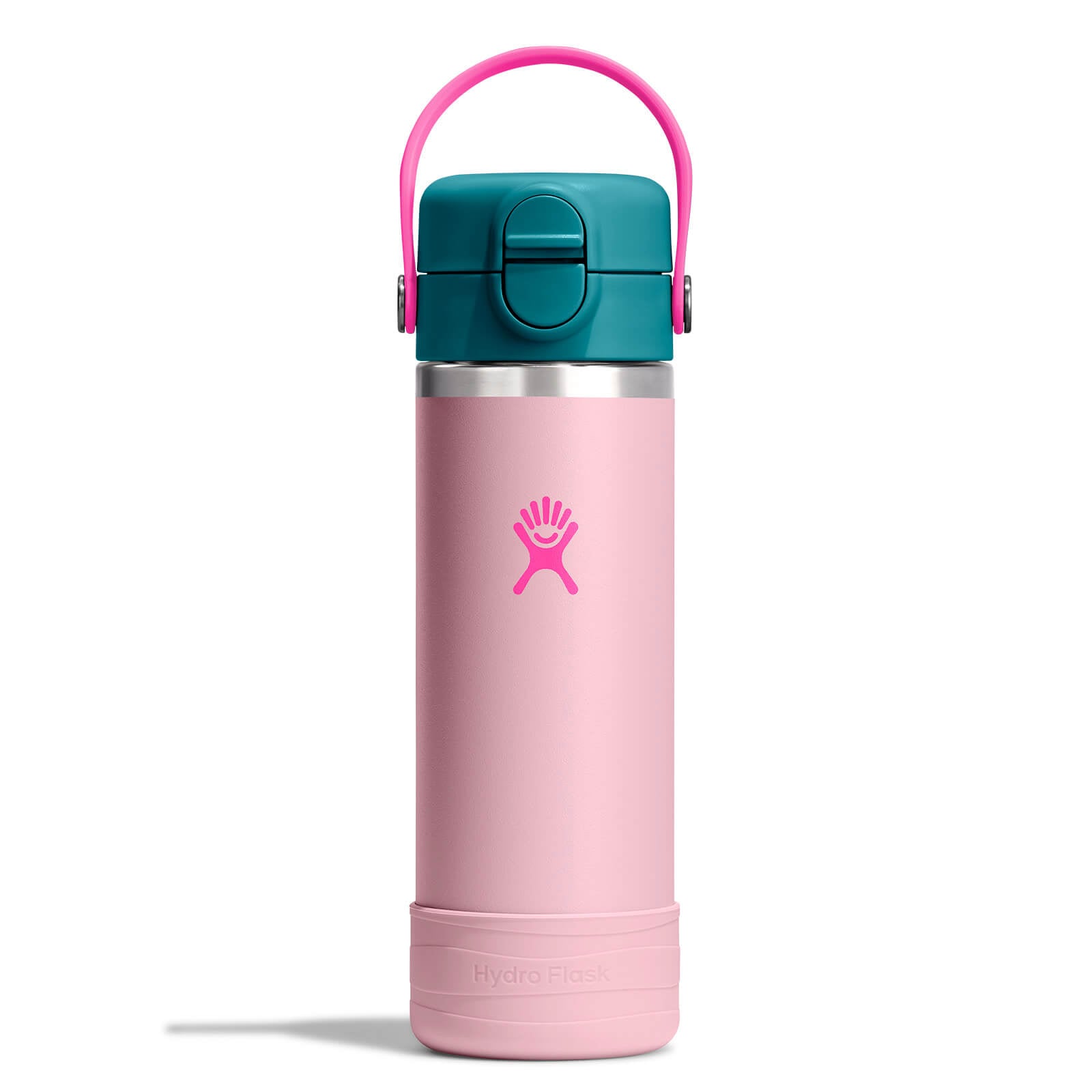 18oz insulated kids water bottle with teal flip lid, carry handle, and protective boot, front view