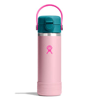 18oz insulated kids water bottle with teal flip lid, carry handle, and protective boot, front view
