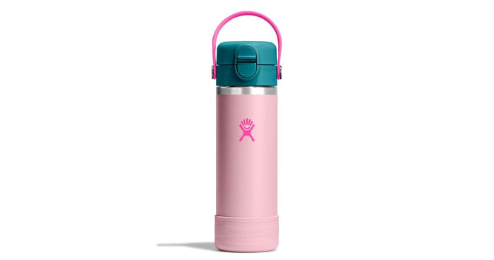 18oz wide mouth insulated kids water bottle with covered straw cap, carry handle, and protective boot