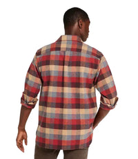 Men's plaid flannel shirt in red and tan check pattern, back view on model