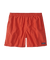 Bright orange-red athletic shorts with elastic waistband and small logo patch, front view