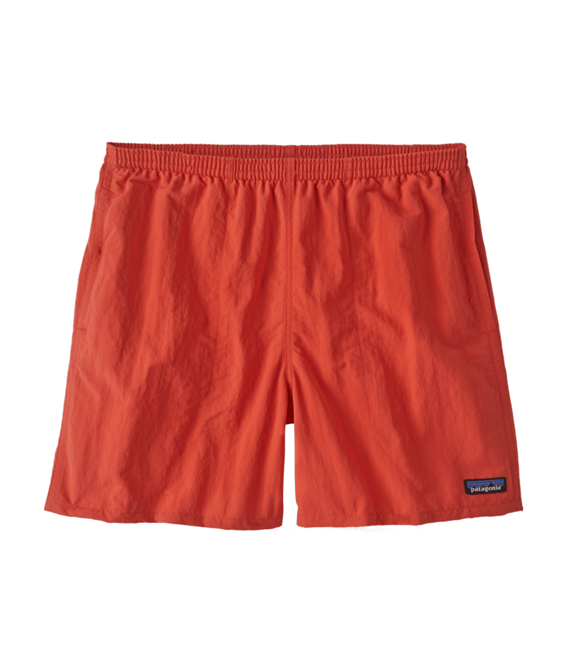 Bright orange-red athletic shorts with elastic waistband and small logo patch, front view