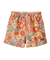 Toddler shorts with elastic waistband featuring vibrant floral print on peachy background