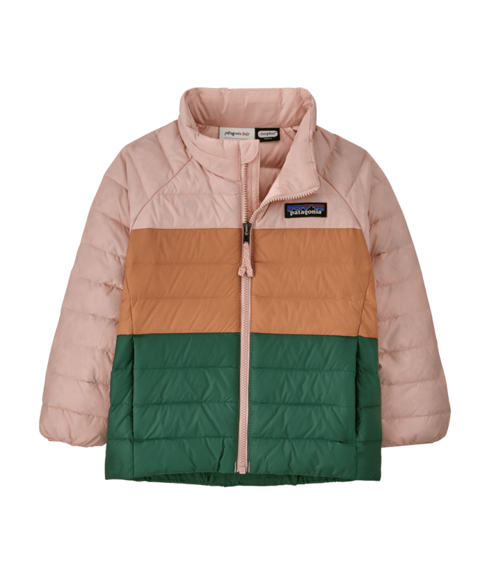 Baby puffer jacket with color-block design, full zip, stand collar, front view