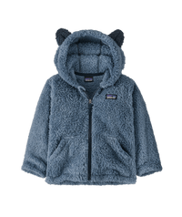 Baby fleece zip-up hoodie with bear ears on hood and kangaroo pocket, front view