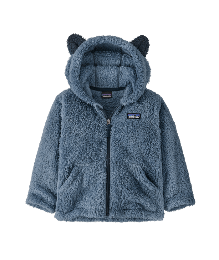 Baby fleece zip-up hoodie with bear ears on hood and kangaroo pocket, front view